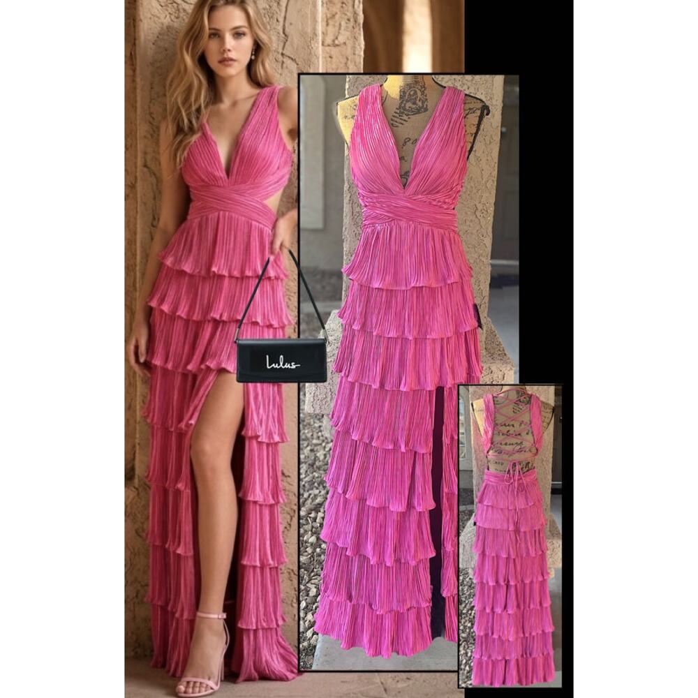 Lulus Beauty Icon Pink Satin Pleated Tiered Lace-Up Maxi Dress Size S NWT